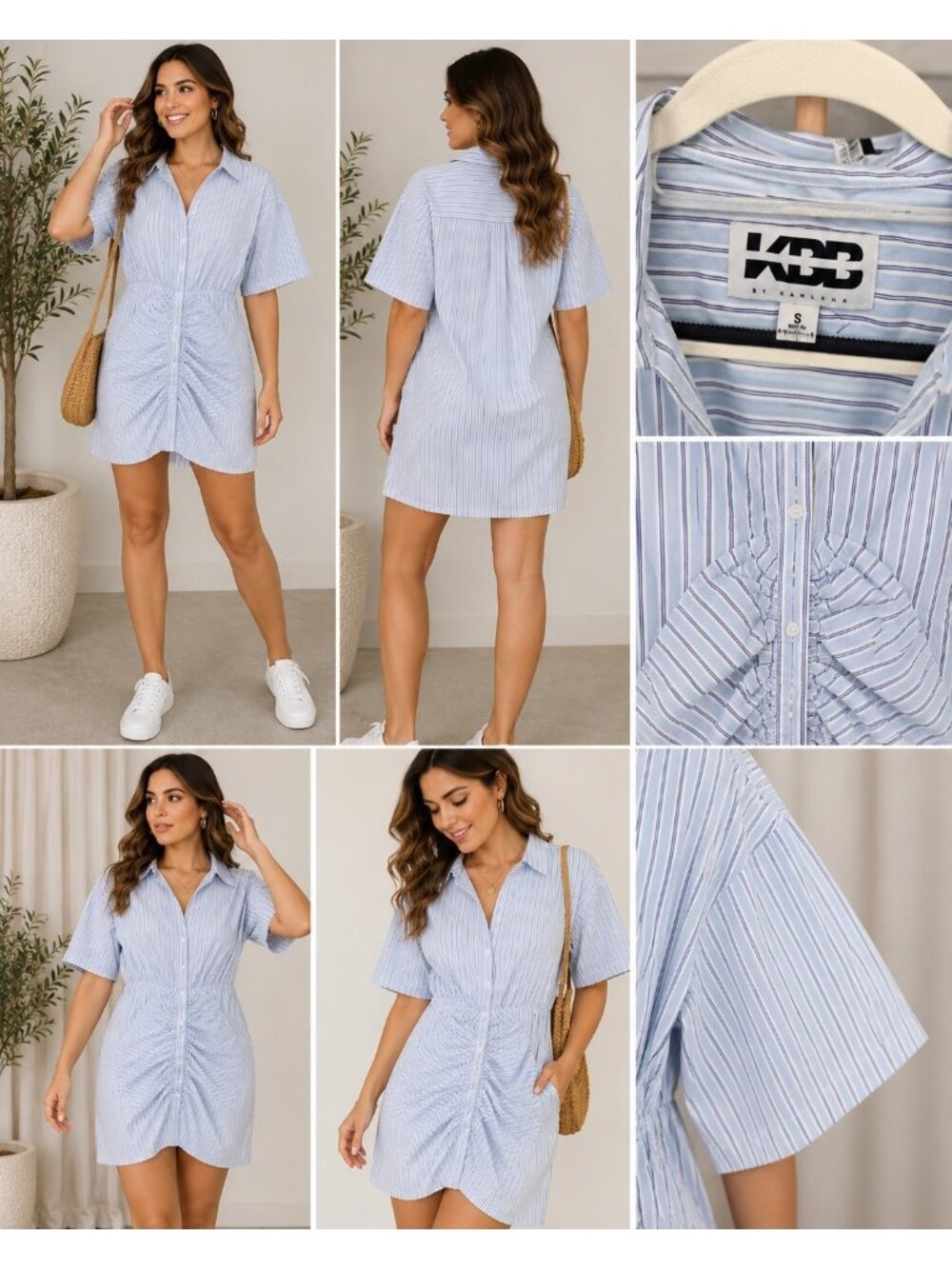KBB by Kahlana Blue Stripe Twist Front Shirt Dress Women's Sm Button Front Wl403